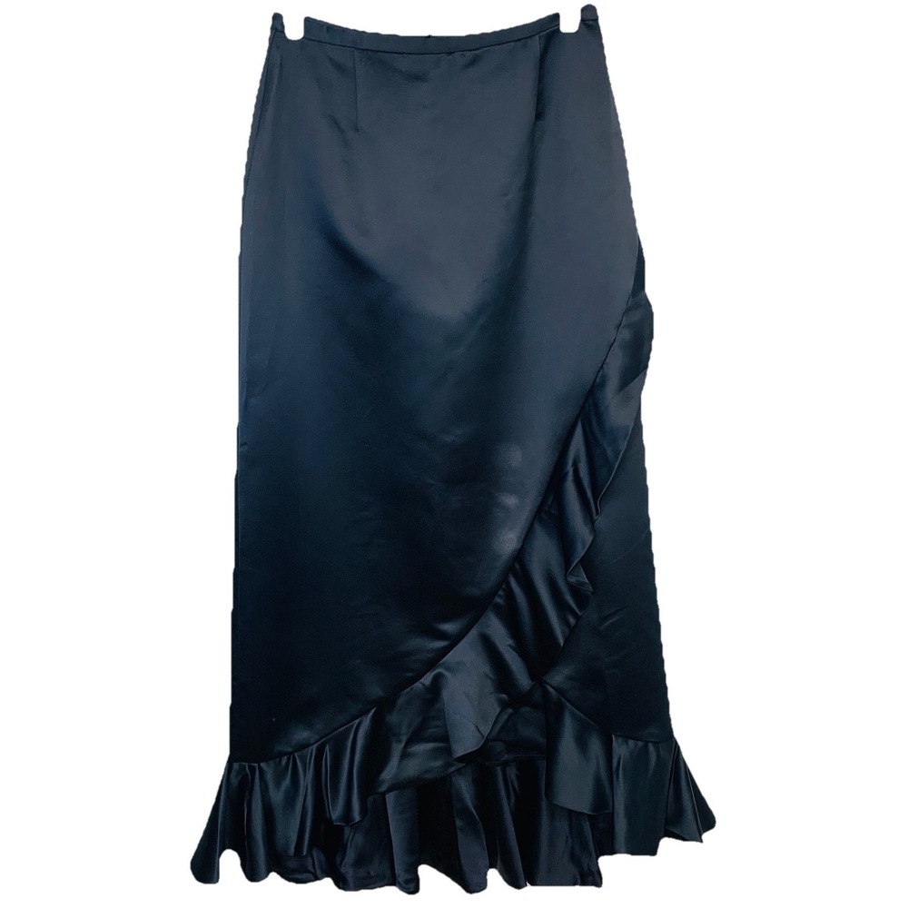 Kay Unger Satin Black Maxi Skirt Asymmetric Ruffles Sz‎ 6 Formal Evening Gothic